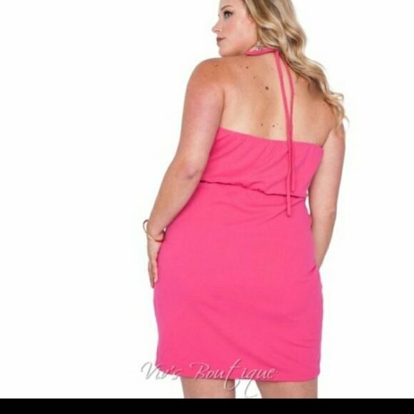 Fushia Pink Floral Mini dress Surplice Neck Lace Detail Side Slit sizes … - Picture 3 of 9